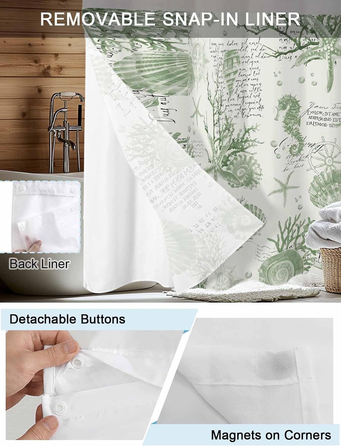 No Hook Shower Curtain, Sage Green Coastal Stall Bathroom Curtains with Snap in Liner, Coral Starfish Nautical Compass Waterproof Washable Fabric Shower Curtain Set, 54" x 78"