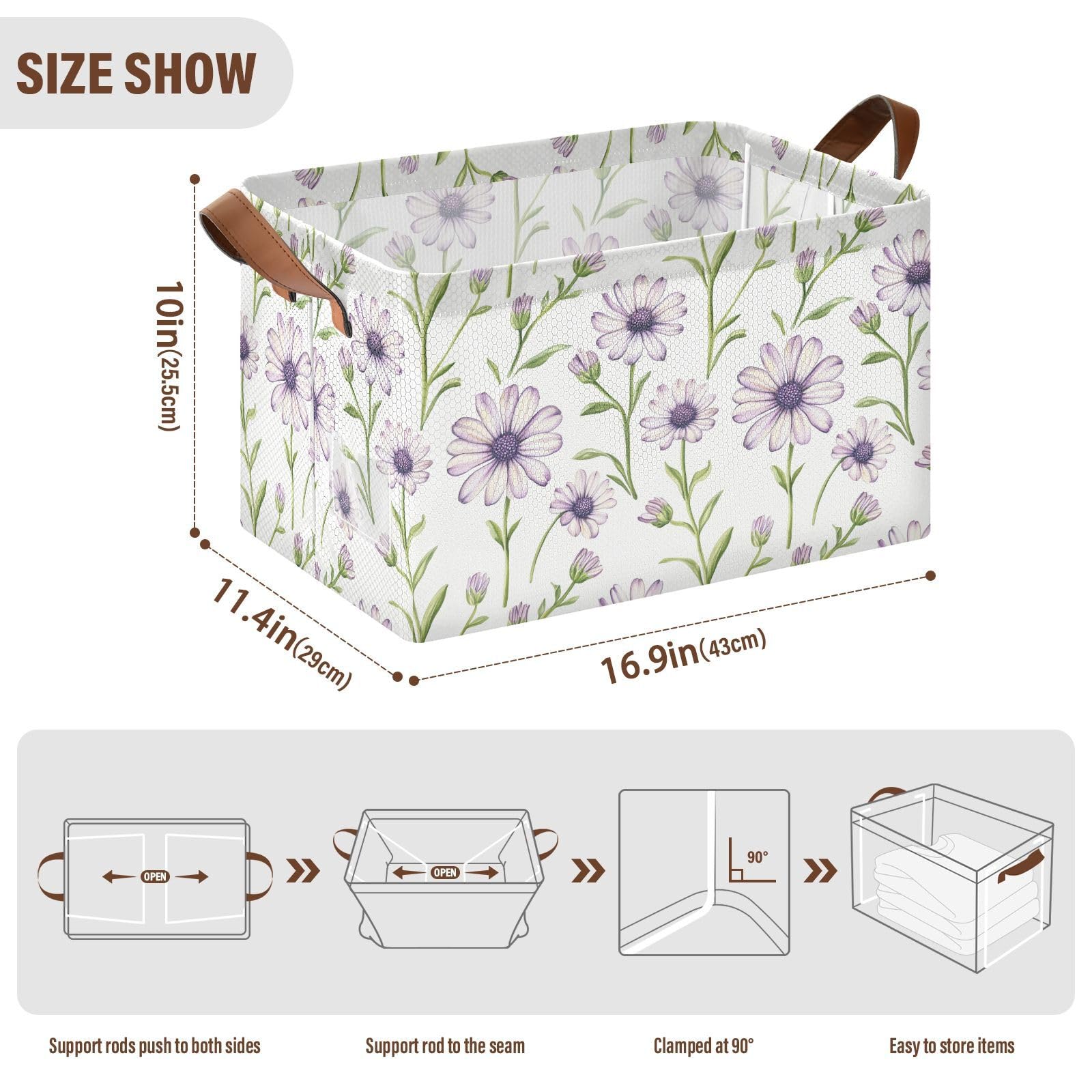 KLL Sweet Osteospermum fioletowe, neutralne, duże kosze do przechowywania z uchwytami, duży dekoracyjny organizer do szafy, półki, komody, 2 szt., cajas de almacenamiento para ropa