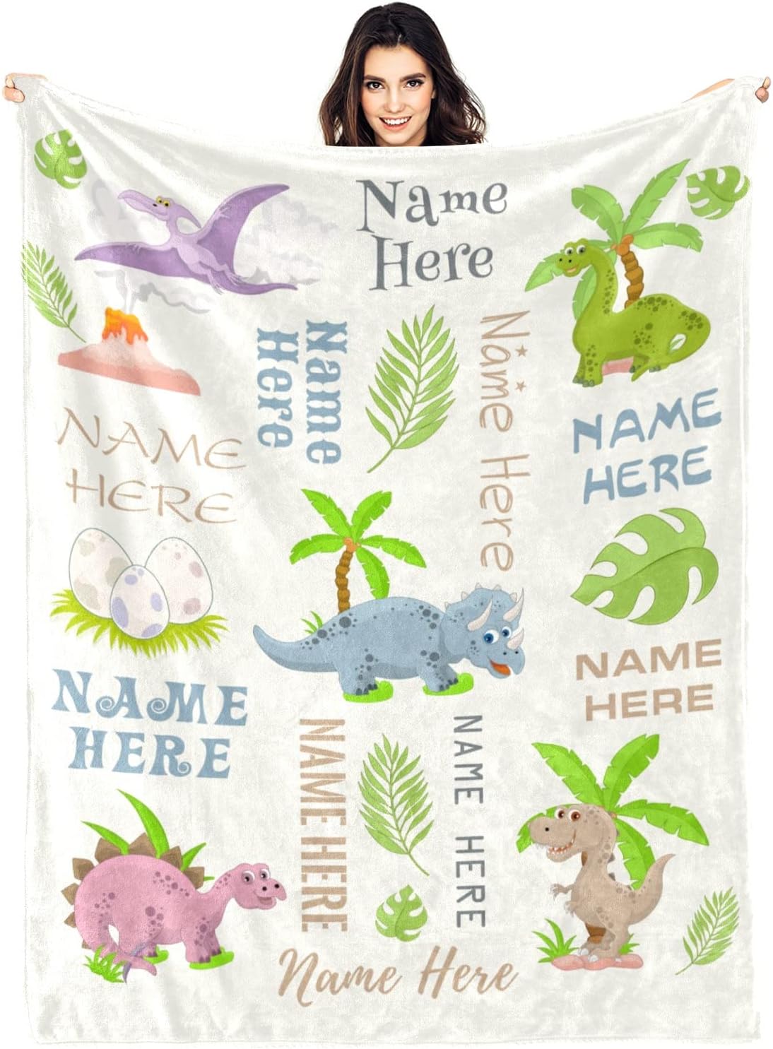 Personalized Dinosaur Throw Blanket for Kids Boys, Dinosaur Design Custom Name Baby Blanket, Baby Swaddle Blankets with Cute Animal, Customized Swadding Blanket for Toddler Newborn Birthday Gifts