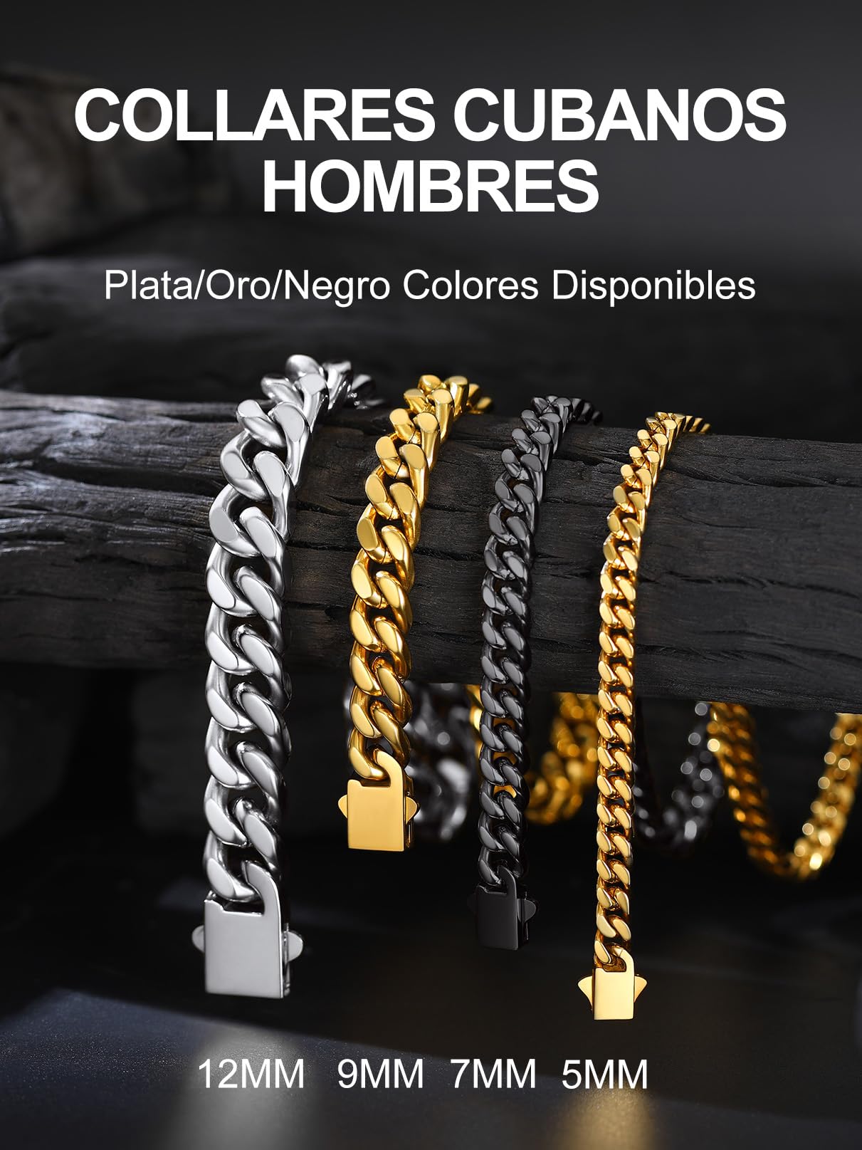 Bandmax Collar Cubano de Hombre Mujer Eslabones Planos Cierre Practico 45cm a 76cm Largo Chapado en Platino/Oro/Negro Regalo a Hijo Pareja, Joyero Incluido