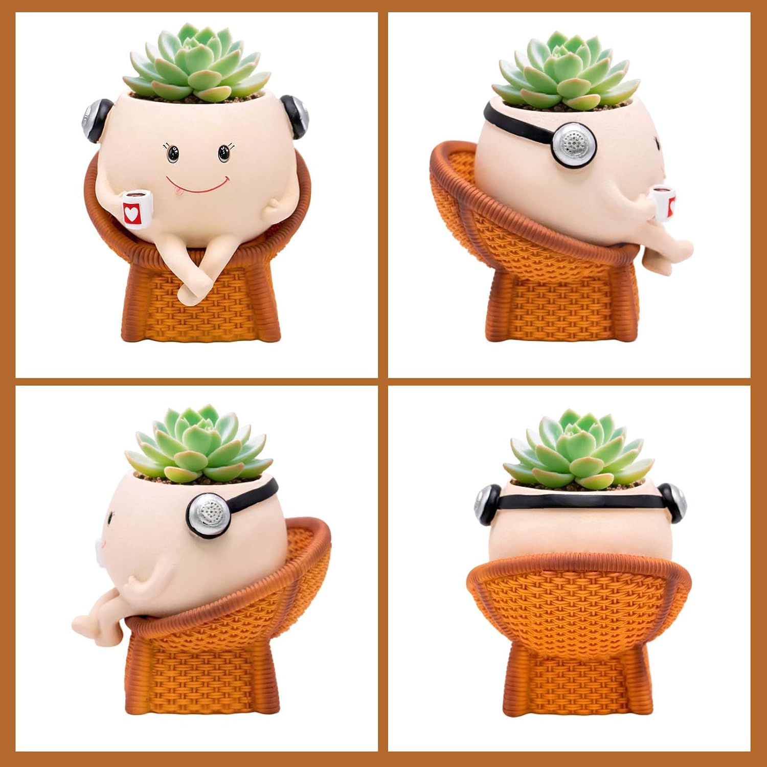 Smiley Face Planter Pot, Cute Resin Flower Pot for Indoor Outdoor Plants, Unique Rattan Chair Style Succulents Plants Flower Pot, Gift on Mother's Day, Birthday, Christmas with Drainage Hole