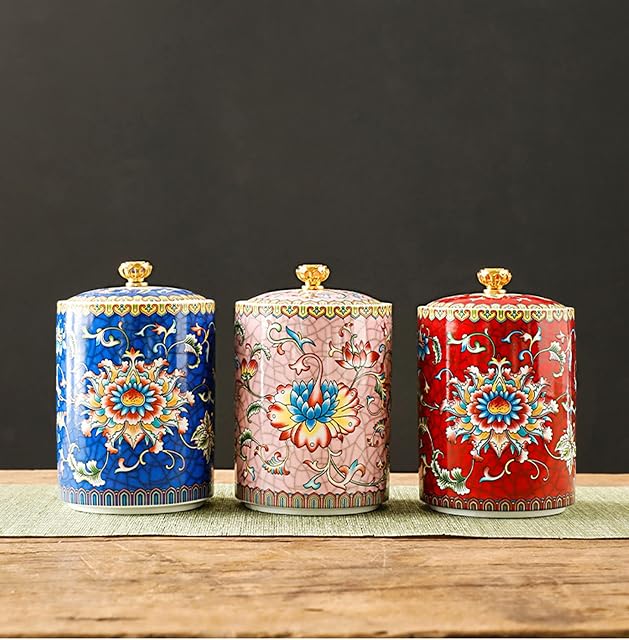 HLONGG 3Pcs Ceramic Tea Jar Vintage Chinese Style Storage Jars Coffee Bean Storage Jar Tea Tins Cans Canister Traditional Tea Caddy Sealed Lids Home Kitchen Dining Decoration,3pcs