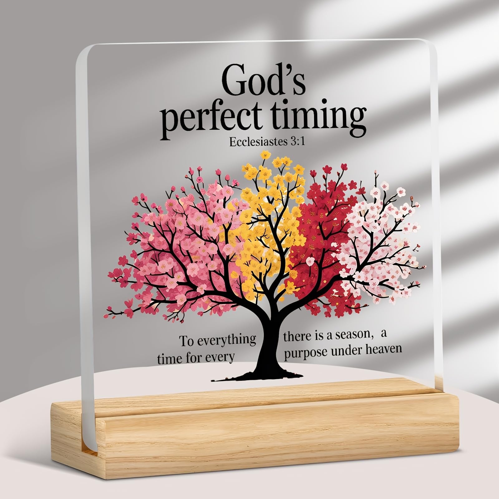 God's Timing Religious Inspirational Tree Acrylic Decor, 2D Flat Four Seasons Floral Design, Faith-Based Desk Bedroom Decor, Christmas Religious Holiday Acrylic Gift, Vintage Apartment Wall Tabletop