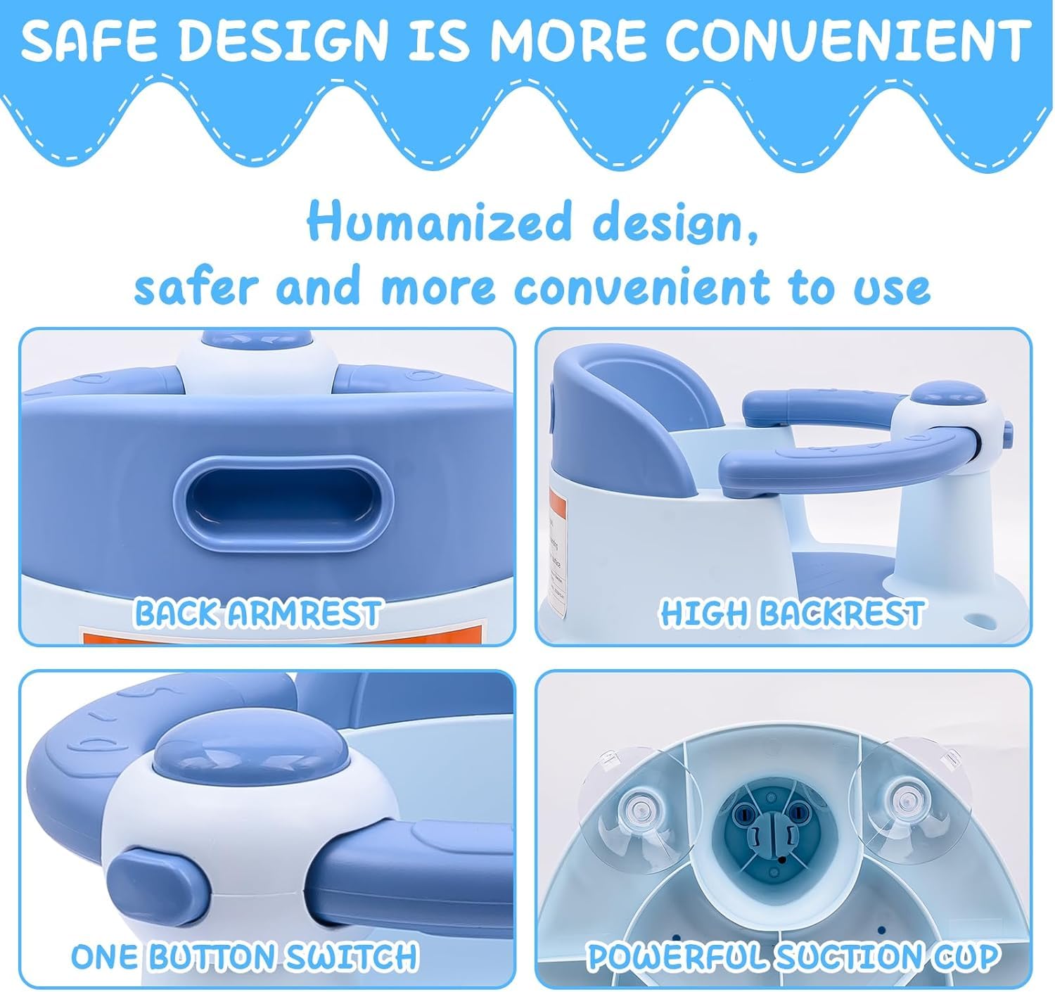 Siège de Bain pour Bébé 6-36 Mois avec Coussin Antidérapant et 4 Ventouses (Bleu)