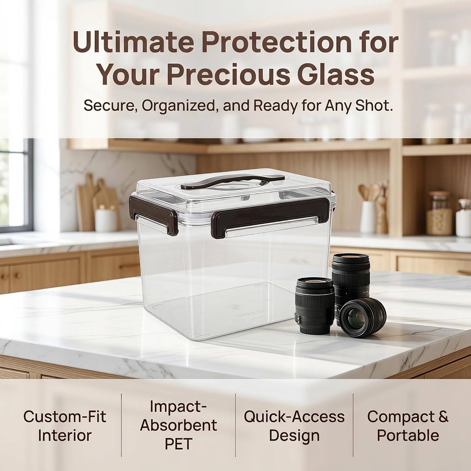 Camera Lens Storage Box, Acrylic Square Waterproof Case for Outdoor Shoots