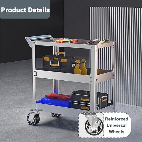 Miniatura 3 de Carrito utilitario de acero inoxidable de 3 niveles, carrito de servicio resistente de 1100 libras con ruedas, carrito de herramientas rodante sobre
