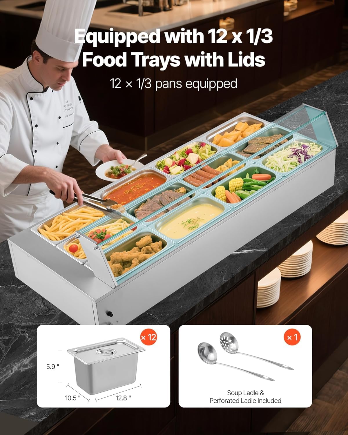 VEVOR Calentador de Alimentos 1700 W, Eléctrico, Acero Inoxidable, con Vapor y Tapa de Cristal, 12 Sartenes, para Buffet de Encimera, Baño María con Cucharones para Sopa y Perforados, 30–85 ℃
