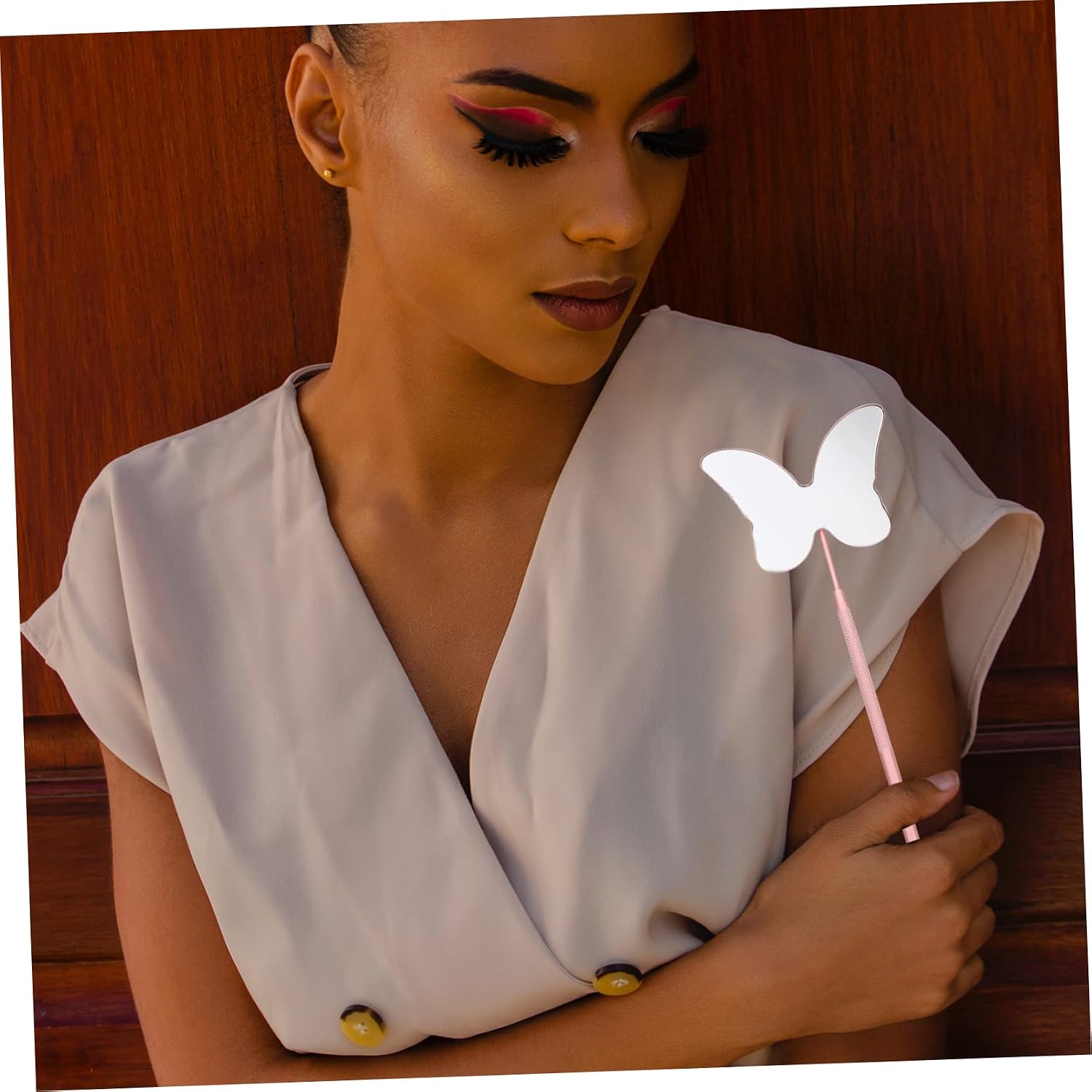 Stainless Steel Eyelash Mirror Butterfly Handheld Beauty Tool Pink image 3