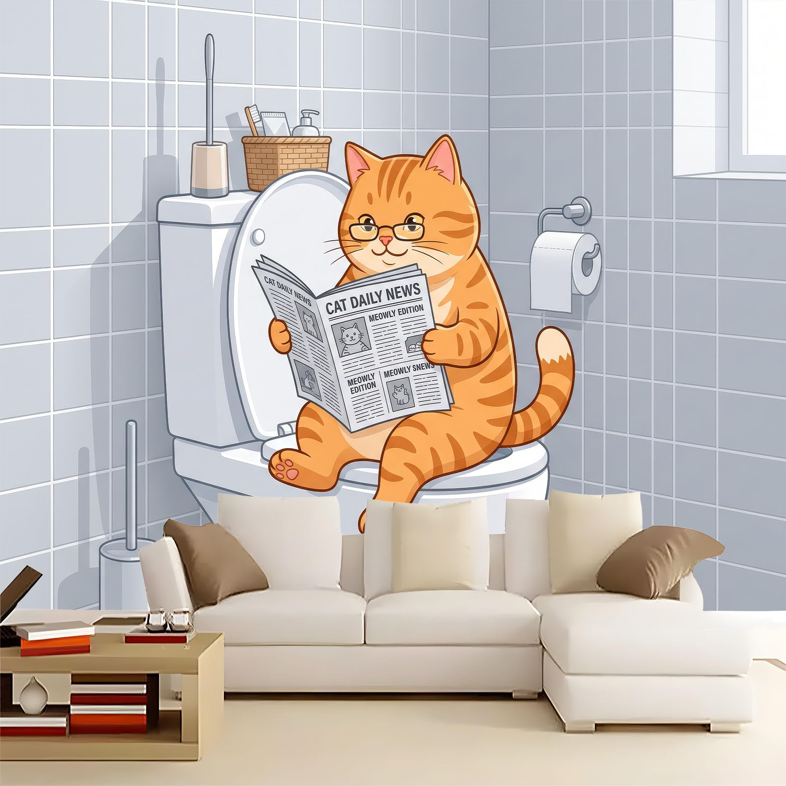 Papier Peint Panoramique 3D Gris Clair Dessin Animé Chat 300 x 210 cm