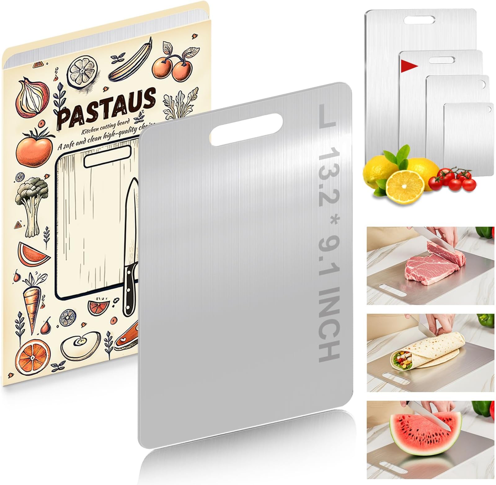 Stainless Steel Cutting Board,Double Sided Steel Cutting Boards for Kitchen Meat Vegetables & Fruits,Dishwasher Safe Easy to Clean (L Size)（13.2 × 9.1in)