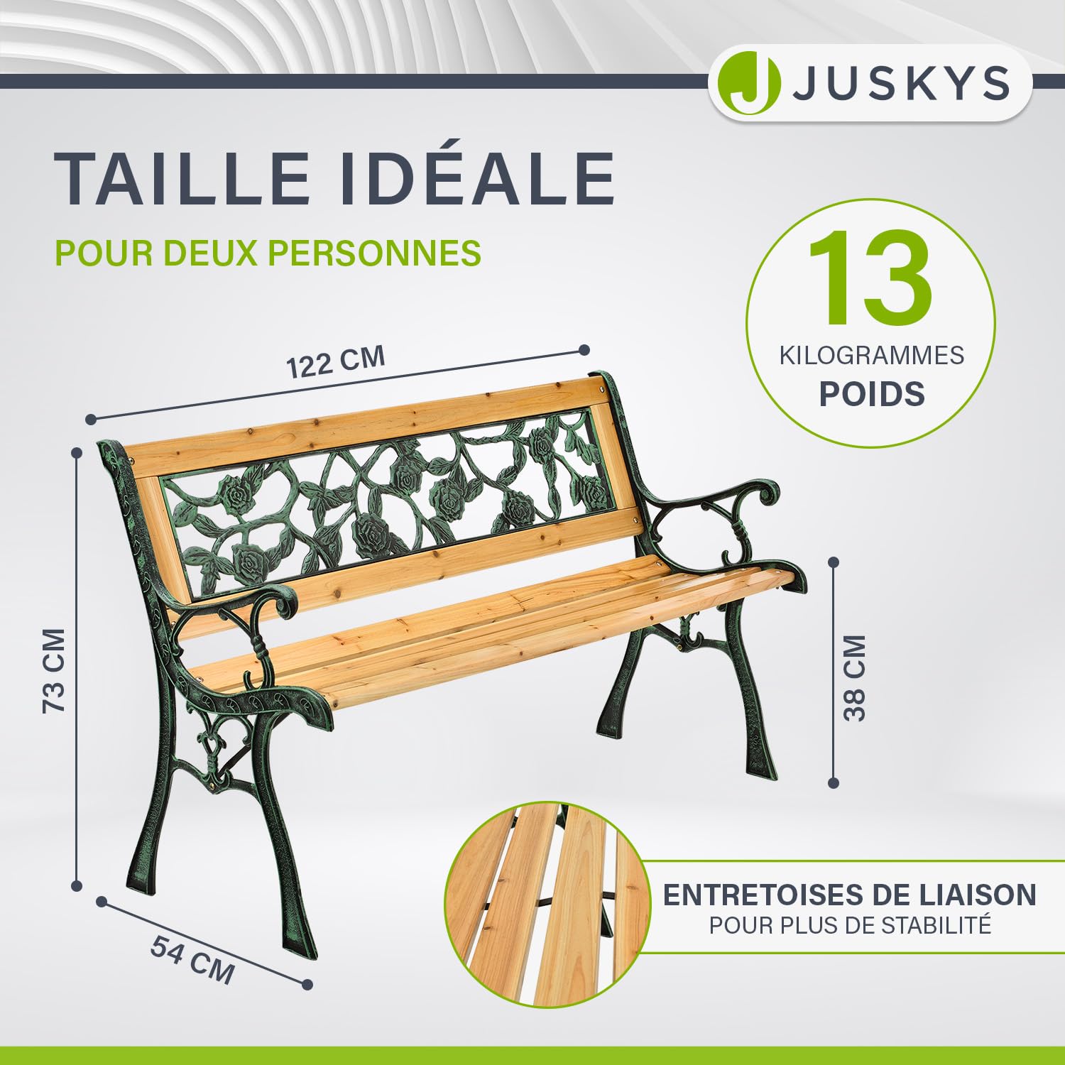 Juskys Banc de Jardin - Banc en Bois 2 Places avec accoudoirs & Dossier - Banc résistant aux intempéries 122x54x73 cm - éléments latéraux en Fonte- Naturel, Modèle Venezia