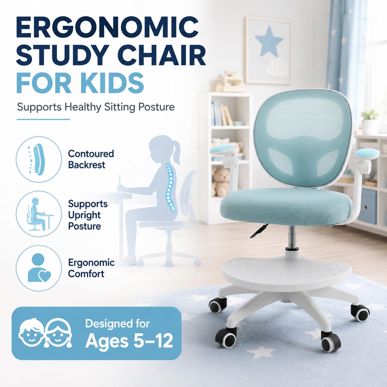 Sedia da scrivania per bambini, regolabile in altezza, 50 kg, blu | rete, schiuma, forma a sella, pieghevole a 90°, 50 kg, ruote a gravità, girevole a 360°, seduta da 10 cm + poggiapiedi, 5-13J