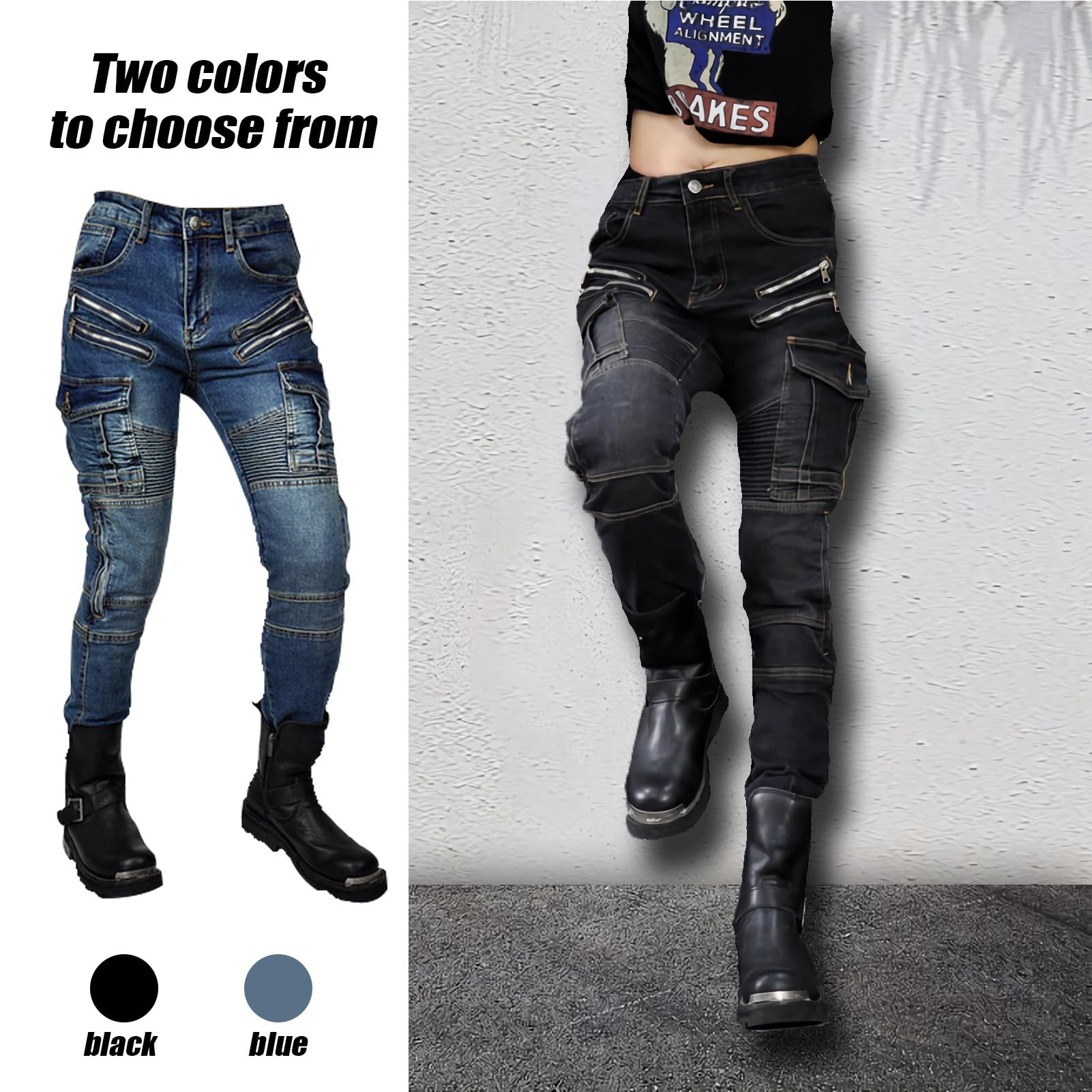 Jean de moto pour femme - Coupe ajustée - Avec protections des genoux et des hanches - Stretch - Coupe ajustée - Pantalon de moto cargo