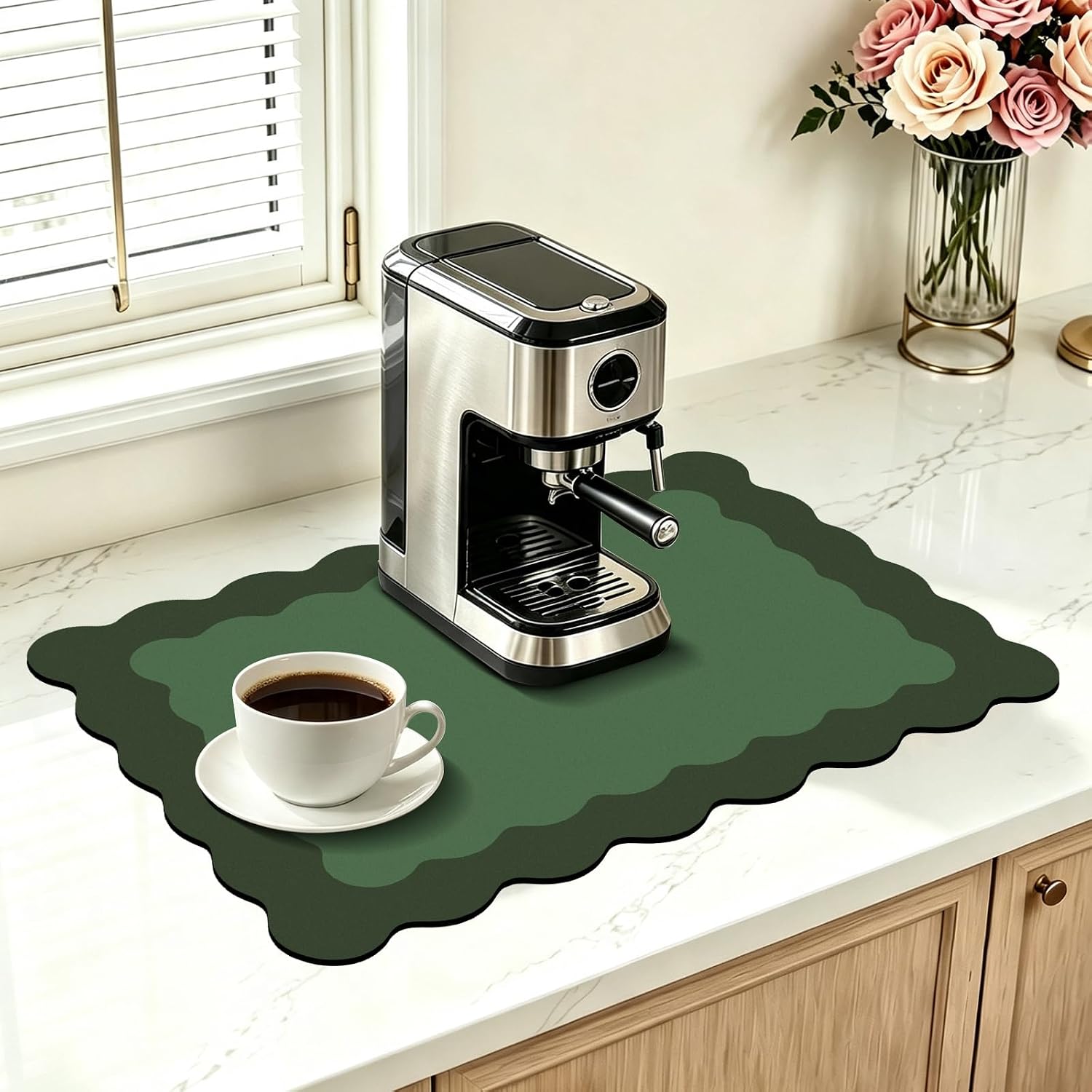 Green Scalloped Coffee Mat for Countertop Coffee Bar Mat Matt