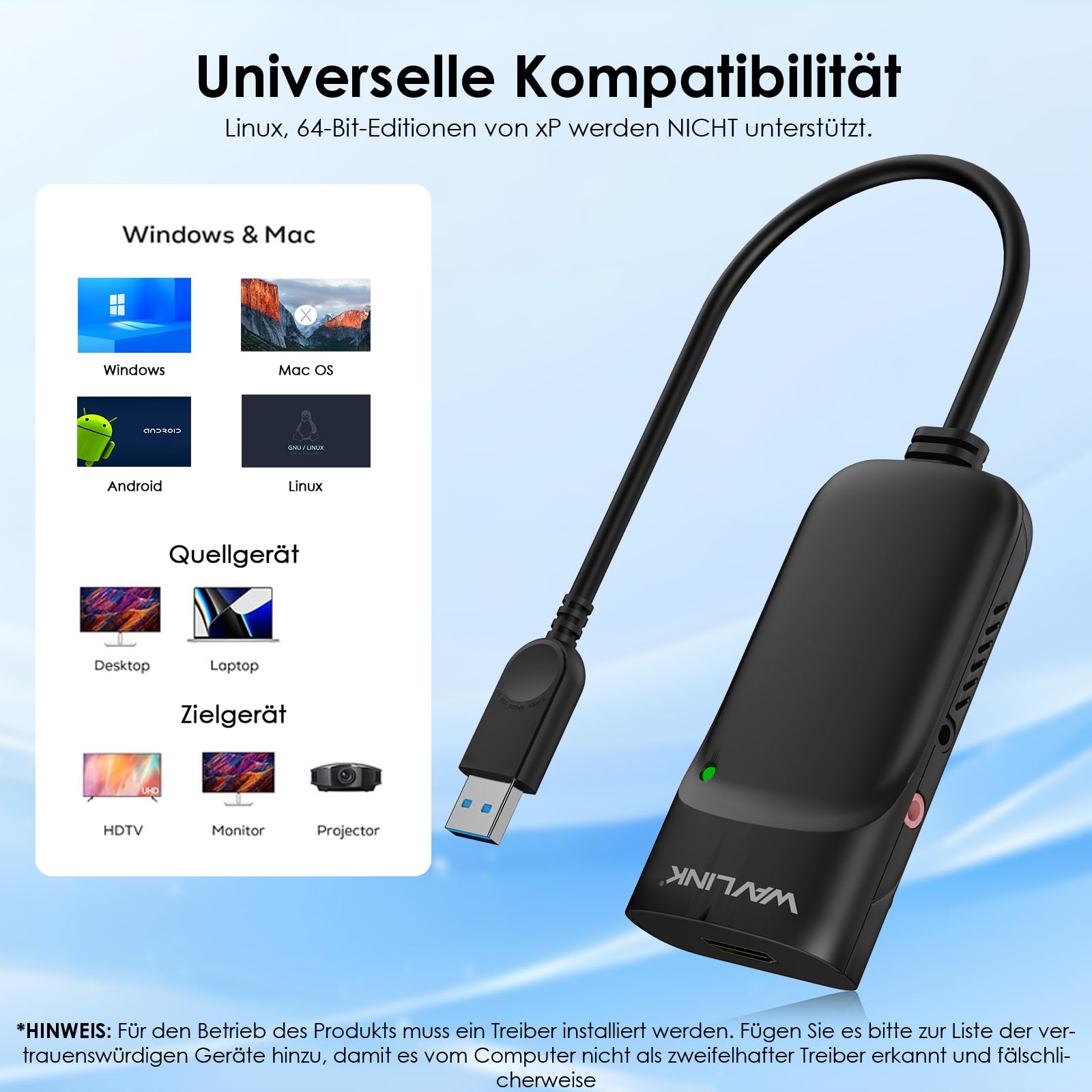 WAVLINK USB-C-zu-HDMI-Adapter, USB 3.0-zu-HDMI-Konverter, 2K@60hz, Displaylink-Chips unterstützen bis zu 6 Monitordisplays für Windows