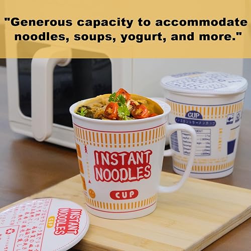 Miniatura 4 de Pilipalaboom Juego de tazones de ramen de cerámica, taza de fideos Ramen instantáneos, taza con asa y tapa para sopa profunda, ideal para fideos