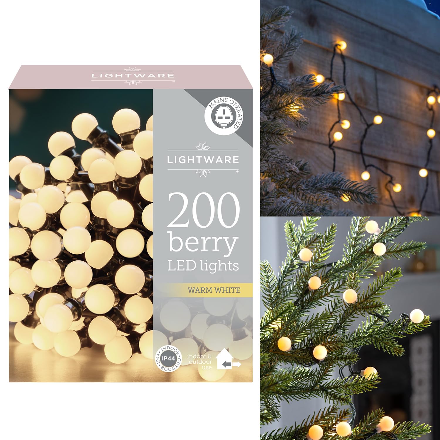 Daniel James 200 Berry Frosted LED Fairy Lights – Warm White LED String Lights for Indoor & Outdoor – Waterproof IP44 Mains Operated Christmas Lights: Warm White