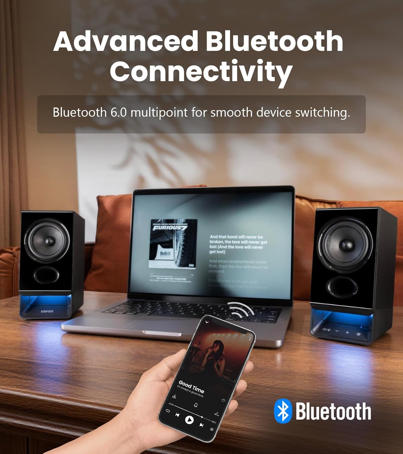 Edifier R20BT Computer Speakers, 2.75" Full-Range Drivers, Bluetooth 6.0, Touch Controls, AUX & USB-C Inputs, Headphone Jack, Custom Ambient Light & Sound Profiles via APP - Black