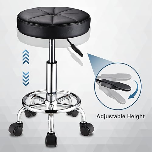 Miniatura 5 de Taburete redondo con ruedas Silla giratoria ajustable de altura para spa salón masaje negro
