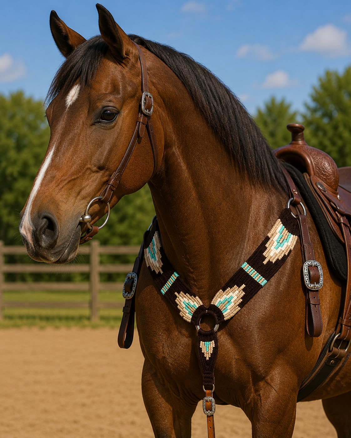 Cheval's International Western Collier de poitrine en mohair pour cheval, fait à la main en laine et cuir de qualité supérieure, réglable, durable et confortable pour chevaux – Noir et beige, Cob