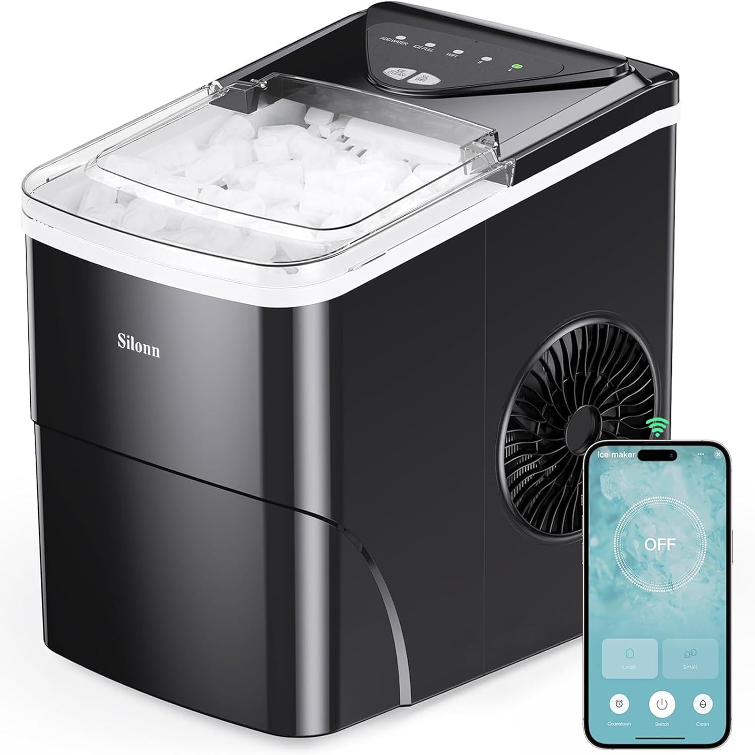 NOT TESTED Silonn Smart Countertop Ice Maker, Compact Wi-Fi Ice Maker with App Control, 9 Cubes in 6 Mins, 26 lbs per Day, 2 Ice Cube Sizes, Portable Ice Maker with Self-Cleaning for Kitchen/Office/RV Black-APP 26lbs