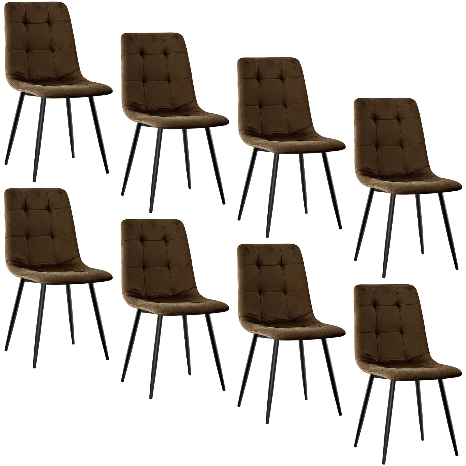 JIJIAN 4er Set Esszimmerstühle, Gepolsterte Küchenstühle mit Samtbezug und Schwarzen Metallbeinen, Schachbrettmuster, Stühle für Esszimmer Wohnzimmer Küche, Braun