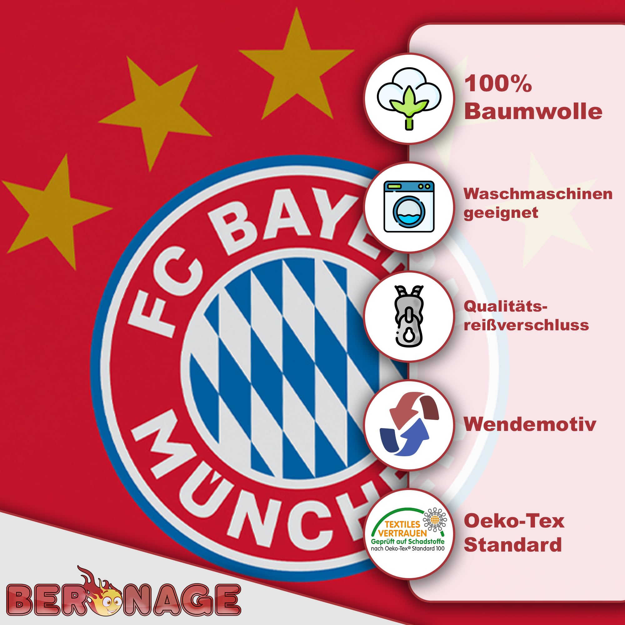 FC Bayern München Bettwäsche Mia San Mia 135 x 200 cm + 80 x 80 cm 100% Baumwolle Renforcé-Linon-Qualität Rekord-Meister Berni Alianz Arena Fußball FCB deutsche Größe mit Reißverschluss