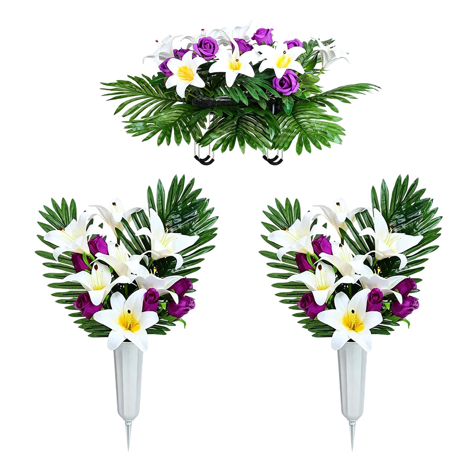 Limtula Cemetery Flower Arrangement Artificial Lilies Set with Headstones Saddles and Ground Stake Bouquets for Memorial Day and Funeral Visit Floral Stake