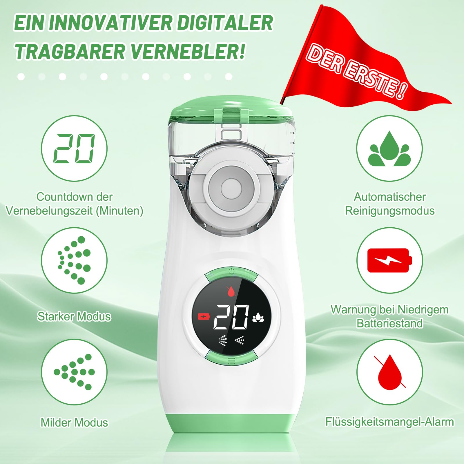 Wholede Inhalationsgerät Digitale, Inhaliergerät für Baby Kinder Erwachsene, 1200mAh Aufladbarer Vernebler Inhalator mit Countdown zur Zerstäubung, Leise Tragbarer Inhalator mit 2 Maske und Mundstück