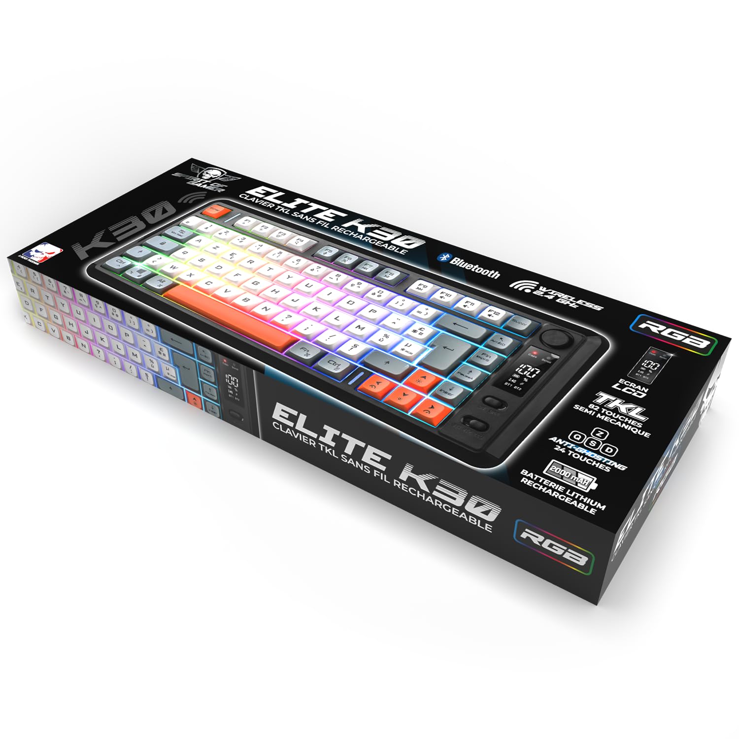 Spirit Of Gamer - Elite K30, Clavier Gamer TKL sans Fil AZERTY, Double Connexion Bluetooth & RF 2,4 GHz, Touches Semi-Mécanique Dont 24 Antighosting, RGB 6 Modes, Écran LCD, 190h Autonomie