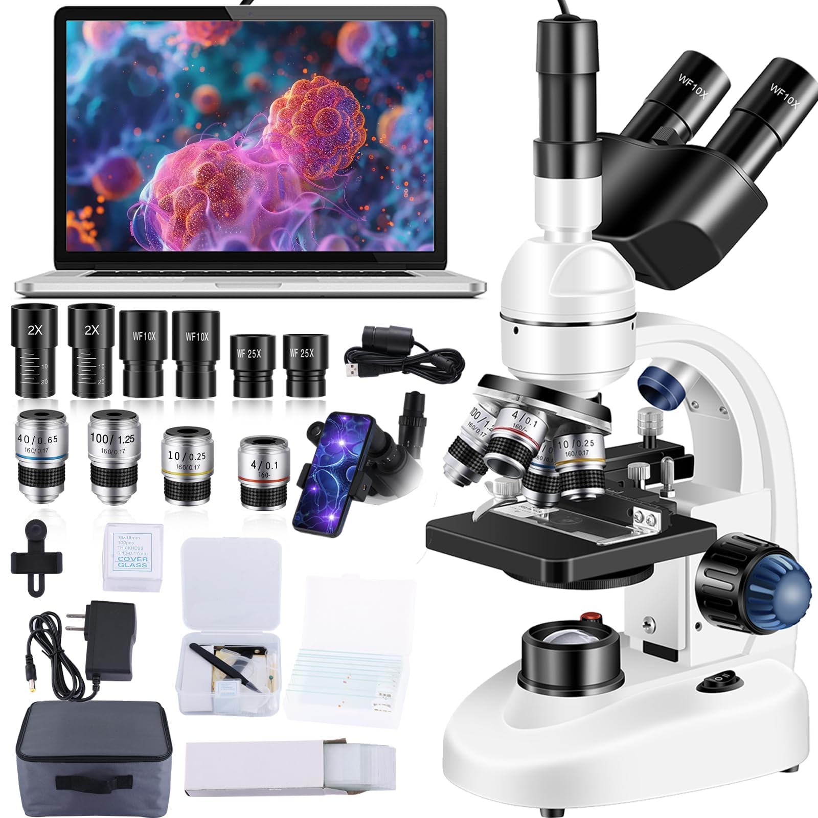 Photo 1 of Woehrsh Trinocular Microscope 40X-5000X Magnification, Microscope for Adults, Laboratory Grade with Dual Mechanical Stage and HD USB Camera Microscope