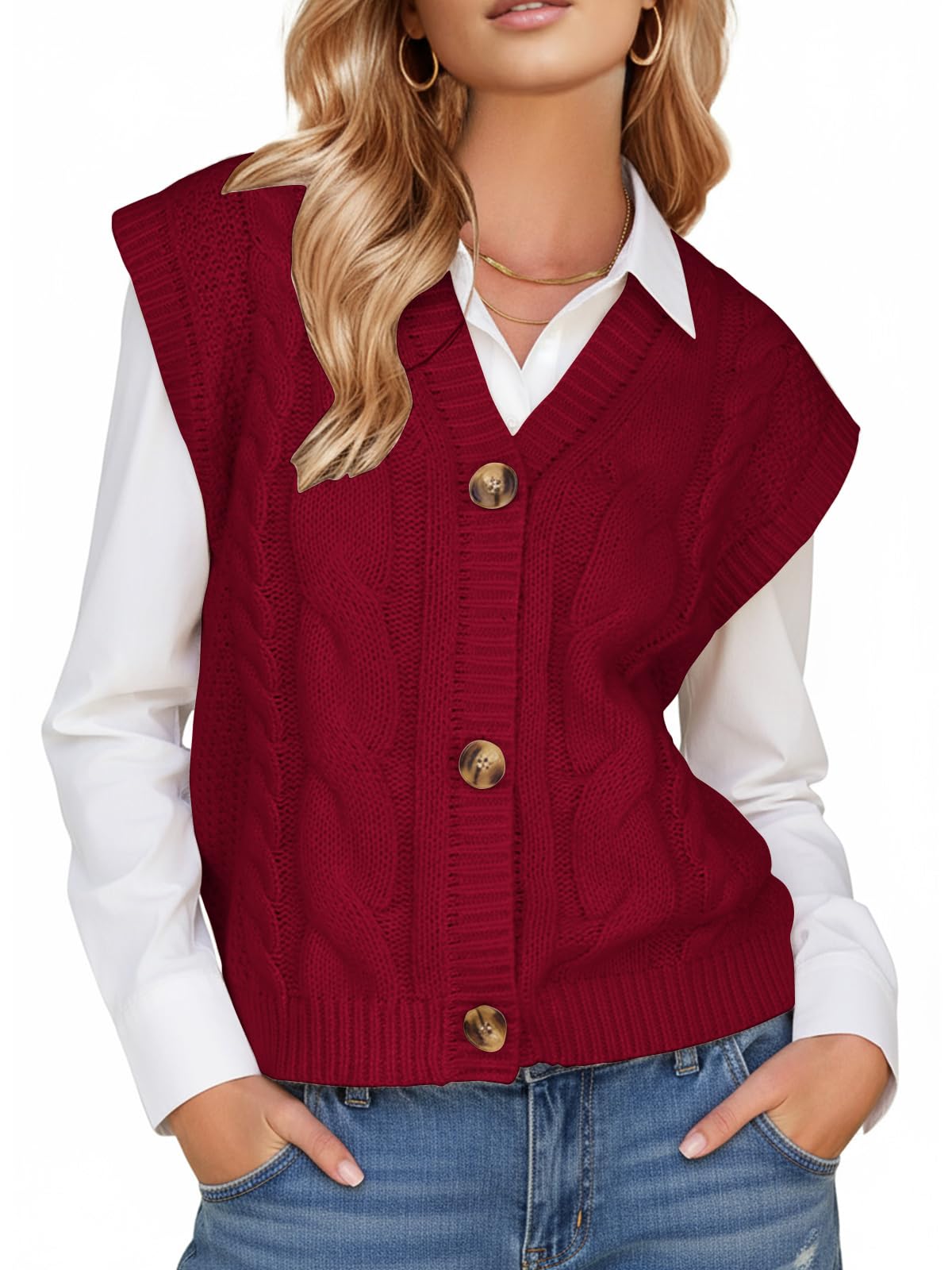 EXLURA Womens Fall Fashion Sweaters Vest Tops Sleeveless Button Down V Neck Chunky Cable Knit Cardigan Trendy Outfits