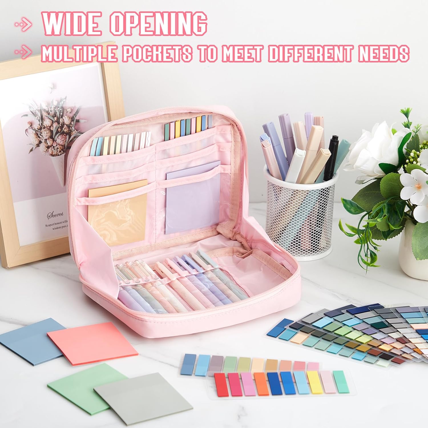 135 Pcs Book Annotation Kit Aesthetic Pencil Case Bag 12 Highlighter 11 Gel Pen 1 Marker 300 Sheet Transparent Sticky Notes Pad 2640 Index Stickers Bible Study Supplies (Kawaii,Pink)