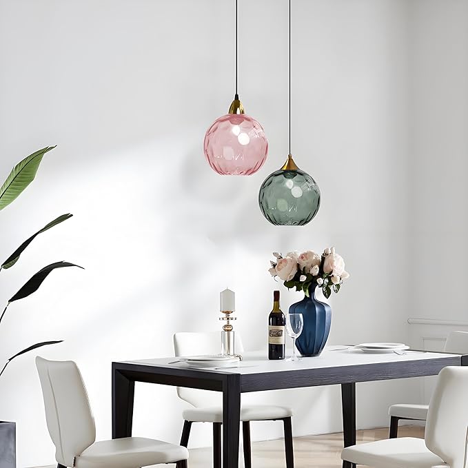 XIRYTU-H 15cm/5.9'' Industrieel Klassiek Bolvormig Glazen Pendellicht, E27 Plafonniere Hanglamp, Goudkleurige Afwerking & Gegolfde Glazen Bol, Eetkamer Slaapkamer Luster (Roze, 15CM) photo 3