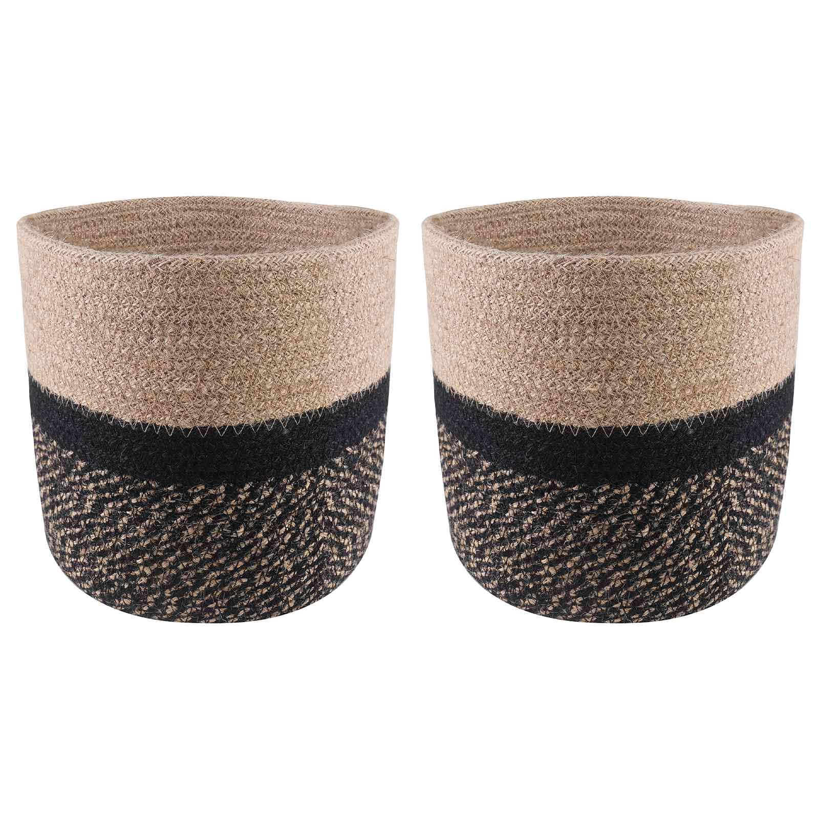 Ensemble de 2 Pots de Fleurs en Jute Naturel et Noir Ø 21 x 21 cm - Cache-Pot Cylindrique Rustique pour Plantes d'Intérieur et d'Extérieur - Panier Tissé Décoratif pour Maison et Jardin
