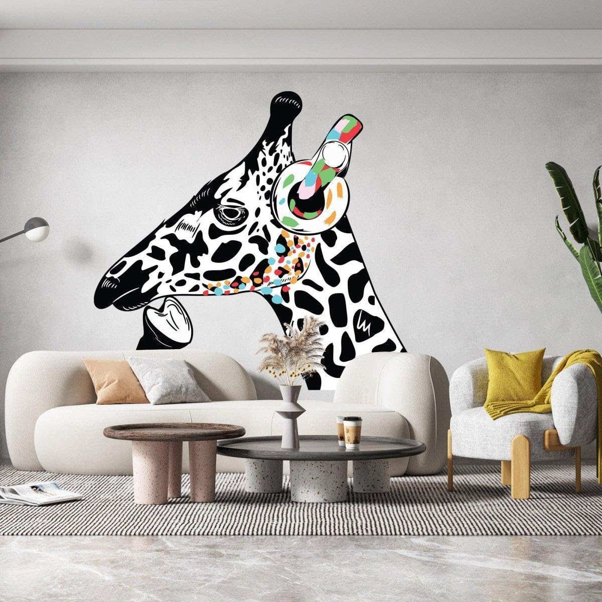 Adhesivo de pared con diseño de jirafa contemplativa, arte de vinilo para espacio infantil de 102 x 71 pulgadas / izquierda (foto principal)