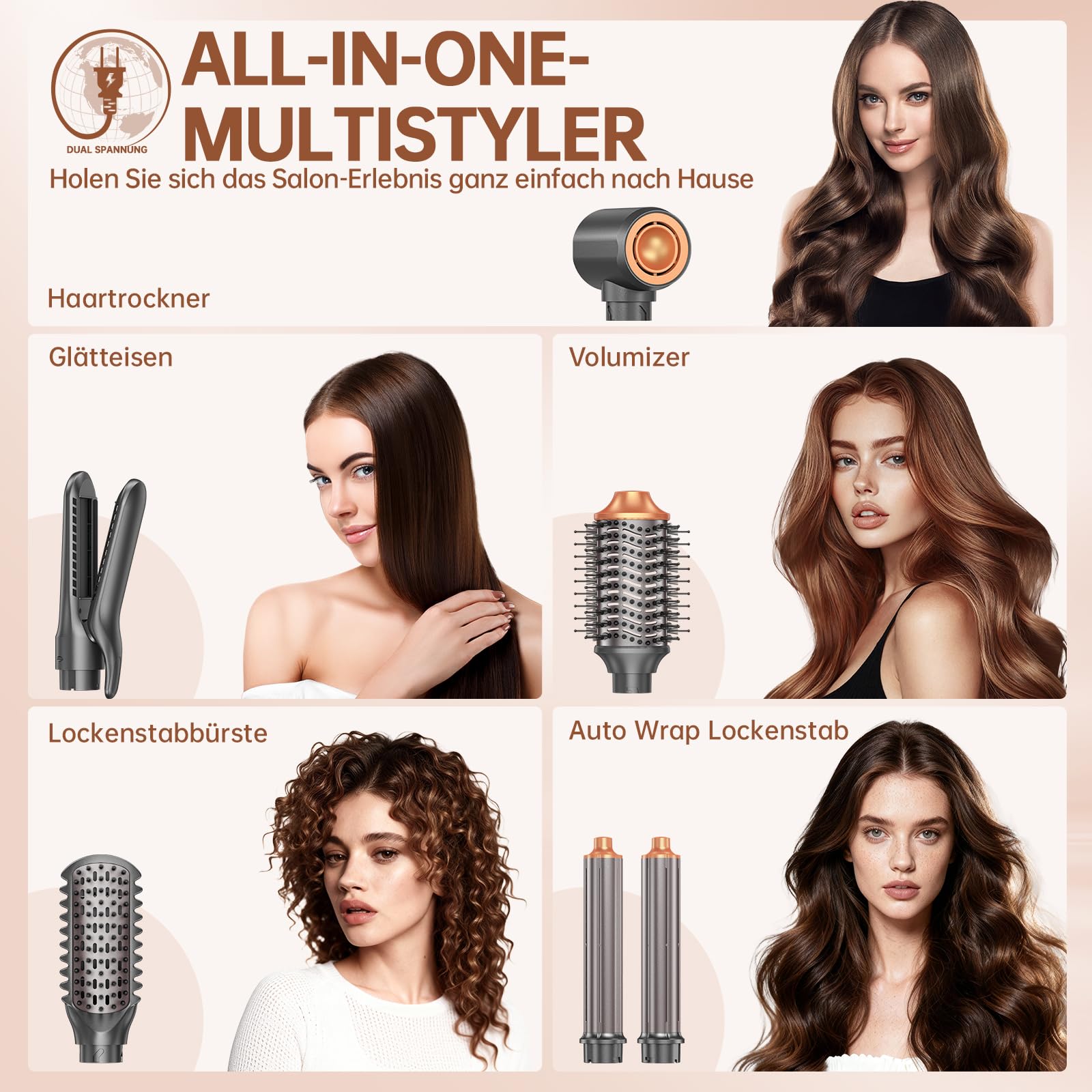 webeauty 7 in 1 Airstyler, Professioneller Hairstyler Set Neues Upgrade | 130,000U/Min, 30M/S Föhn mit Warmluftbürste, Auto Lockenstab, Air Haarglätter, Glätteisen, Volumisieren, Locken und Glätten