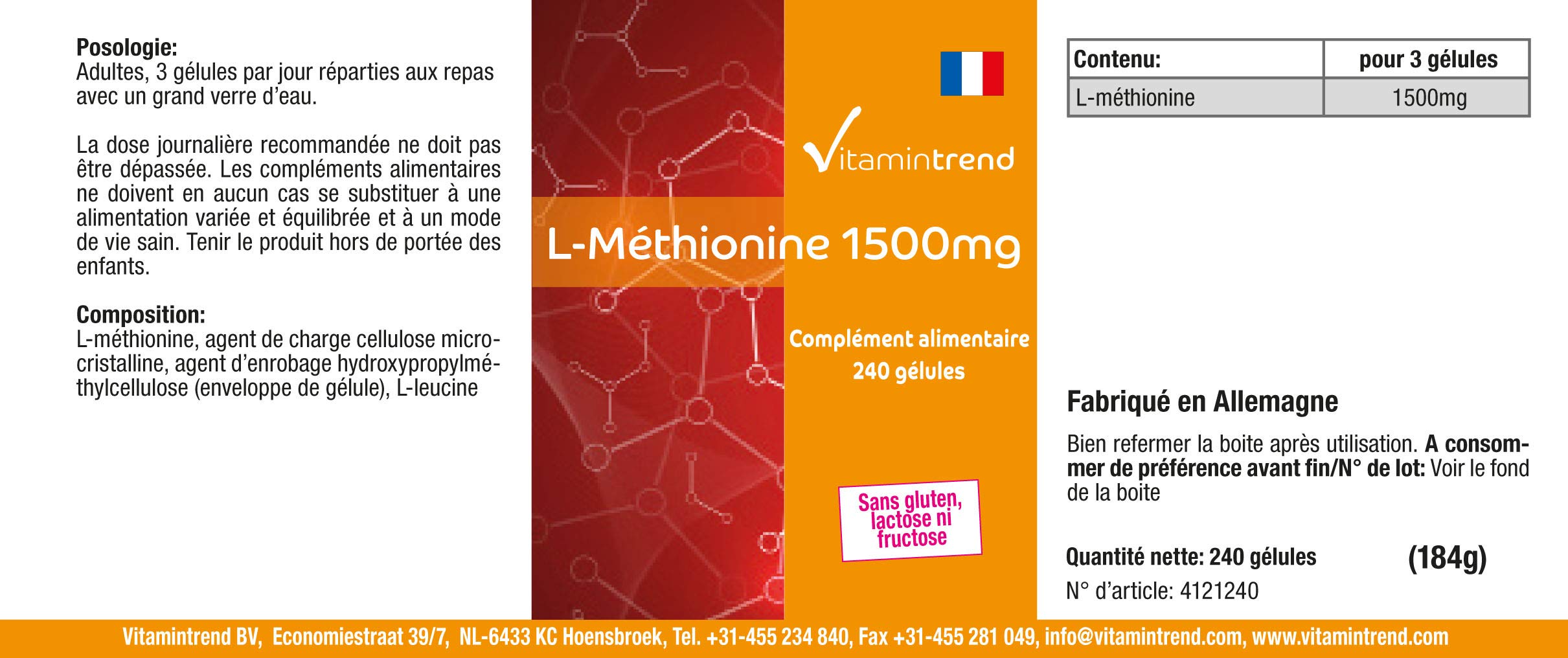 Vitamintrend L-Metionina 1500 mg per dose giornaliera, 240 capsule, ad alto dosaggio, integratore alimentare vegano senza magnesio stearato, prodotto in Germania