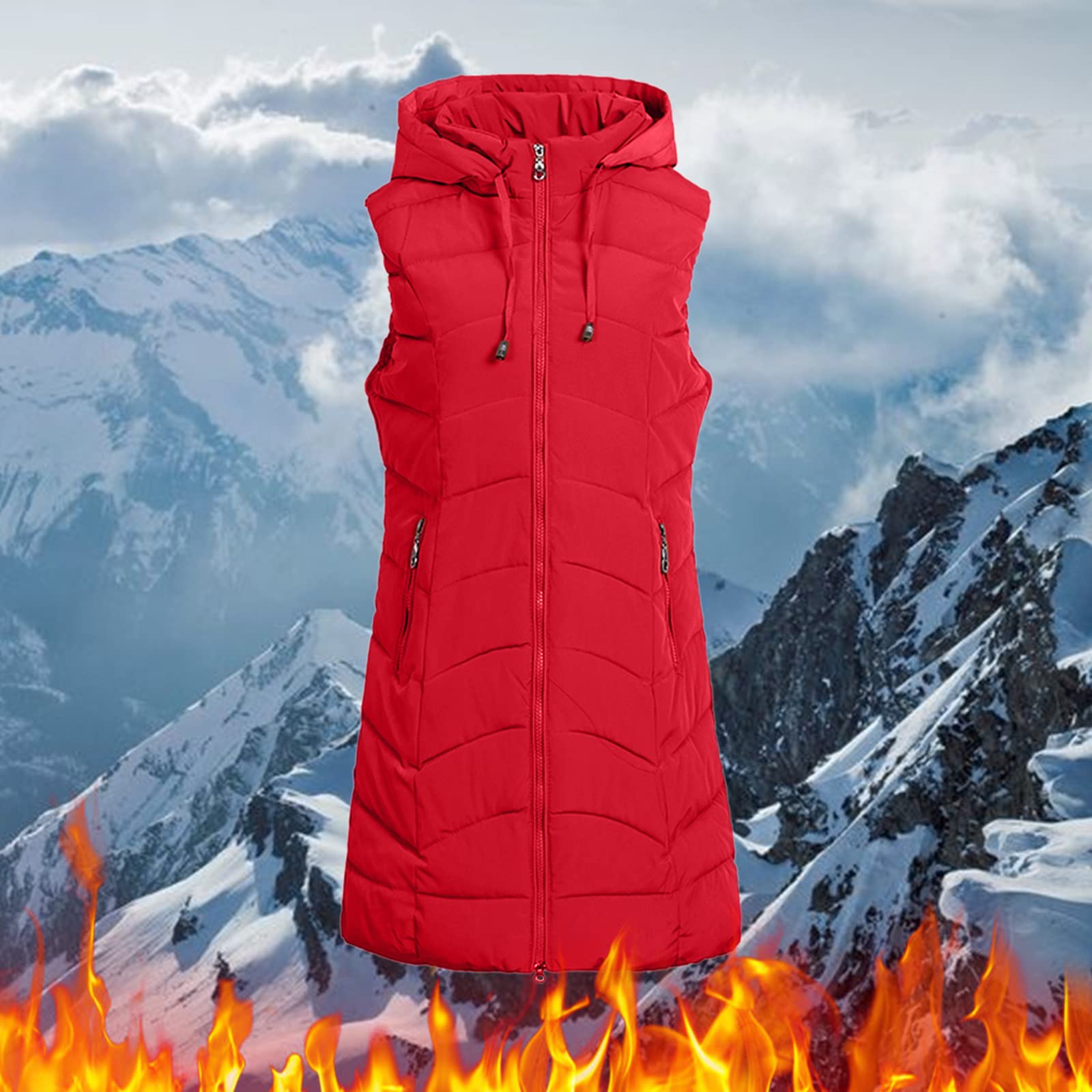 Veste Hiver Zip Capuche sans Manches, Gilet Long Poche décontracté