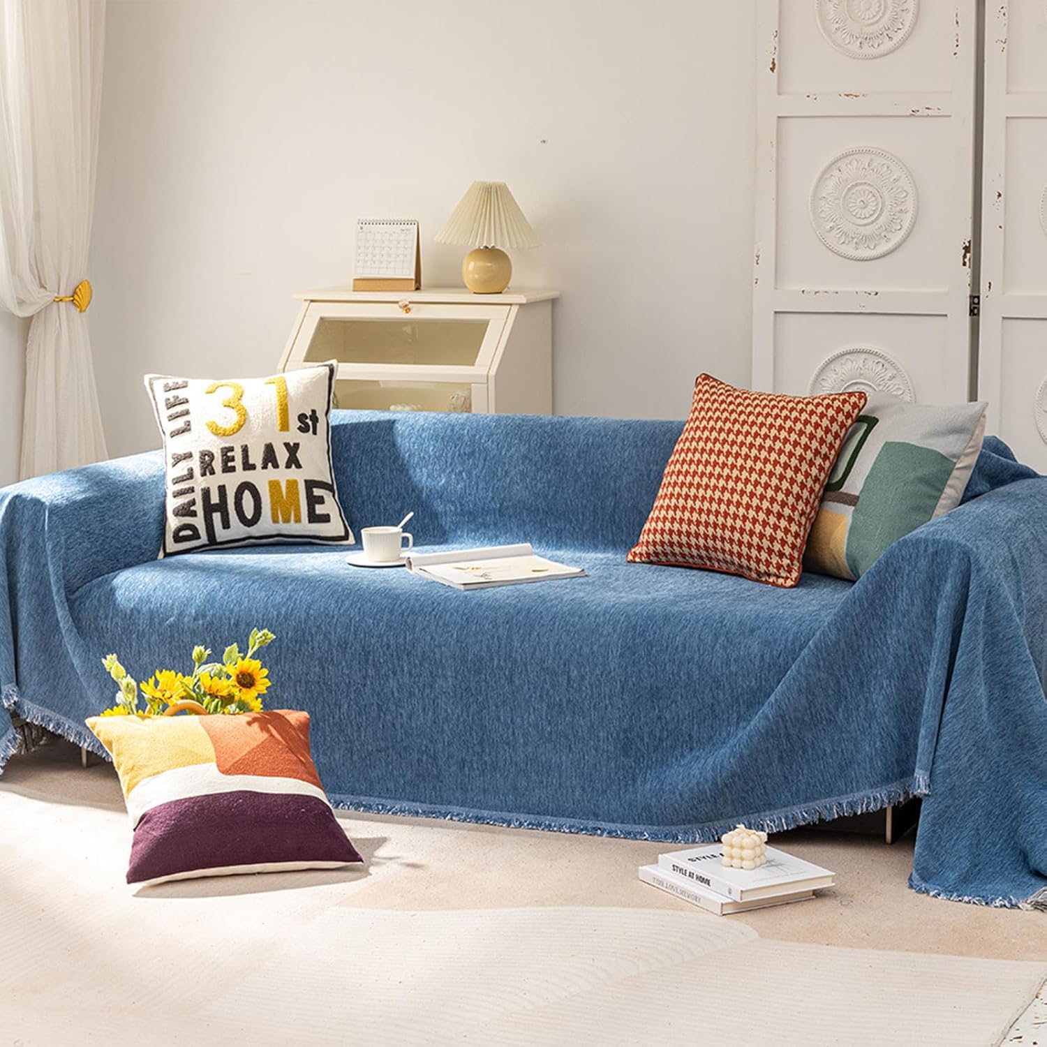 Chenille Sofa Throw Blanket - Large & Small Settee Cover with Tassels Multifunctional Protective Cover for 1/2/3/4 Seater U-Shaped & Armless Sofas Stylish Home Decor