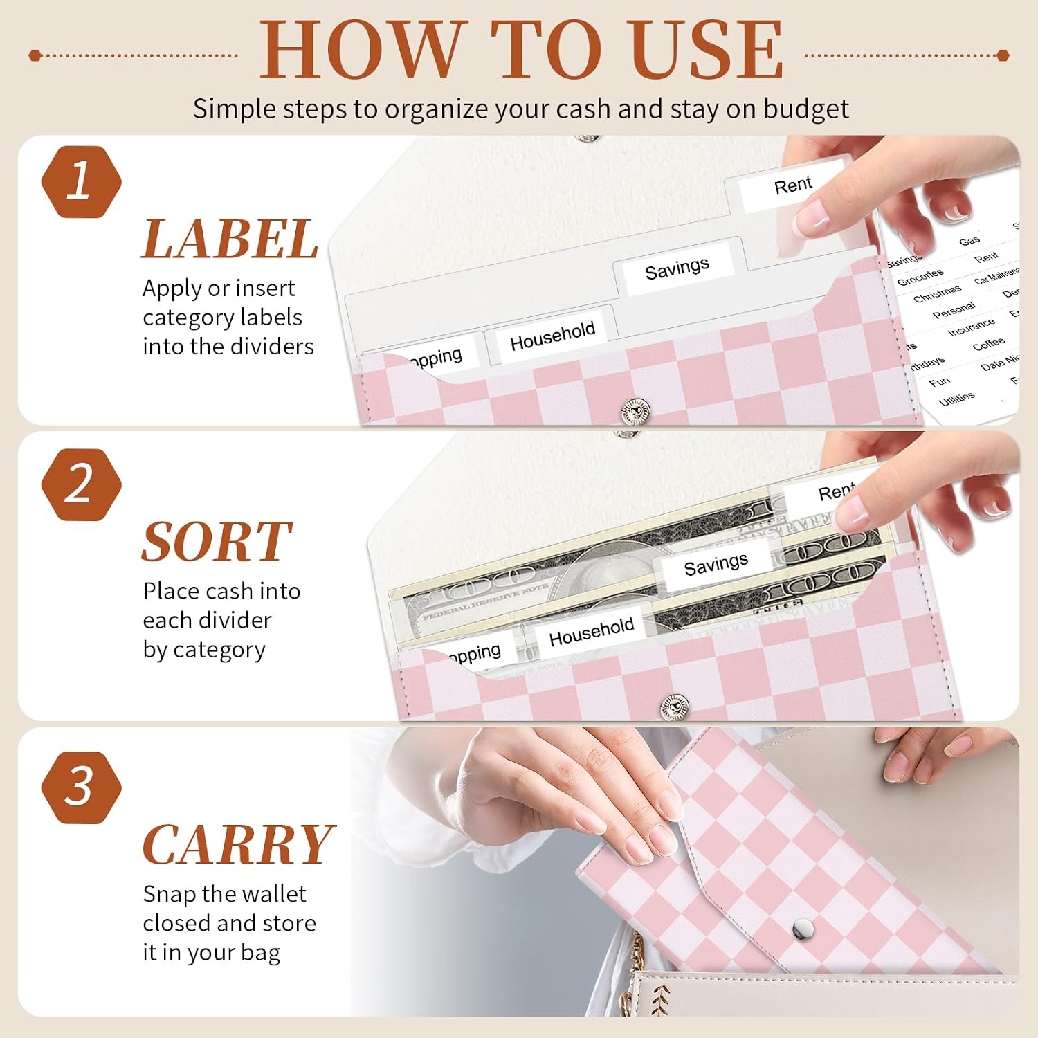 Cash Wallet & Money Envelopes for Cash, Reusable Leather Money Saving Envelop with Snap Closure and 4 Dividers & 1 Category Stickers, Cute Envelop Wallet for Women and Men Pink Checkered image 4