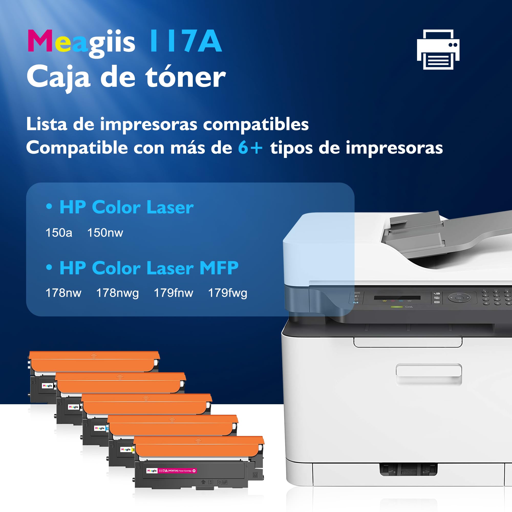 117A Toner Compatible con HP 117A Toner (Pack de 5) | Compatible con HP Color Laser 150nw, 150a, 150, MFP 179fnw, 178nw, 178nwg, 179fwg, 179; 2 Negros 1 Amarillo 1 Magenta 1 Cian