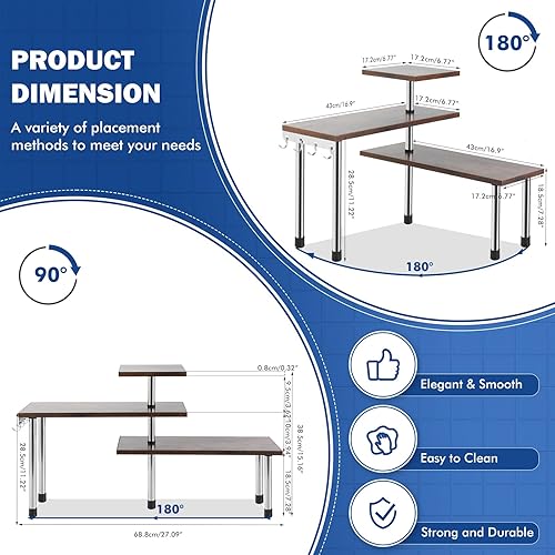 Miniatura 2 de OUTREE Organizador de 3 niveles para encimera de cocina, estante de especias con ganchos, organizador de gabinete de esquina ajustable, estante