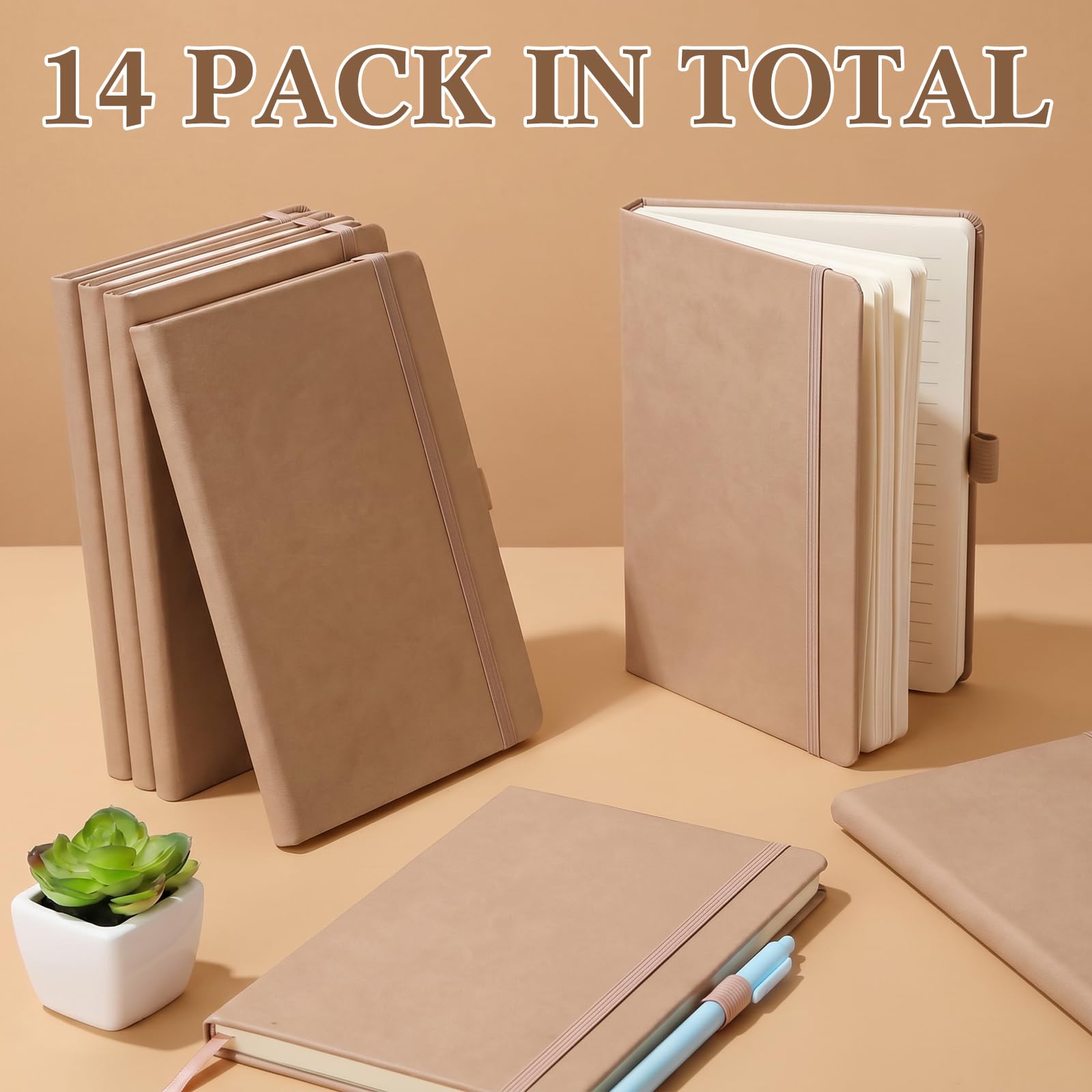 Laumoi Confezione da 14 quaderni con copertina rigida, formato A5/A4/B5, a righe larghe, in pelle PU, a righe, con portapenne, per scuola, lavoro, scrittura (tè al latte, A5)