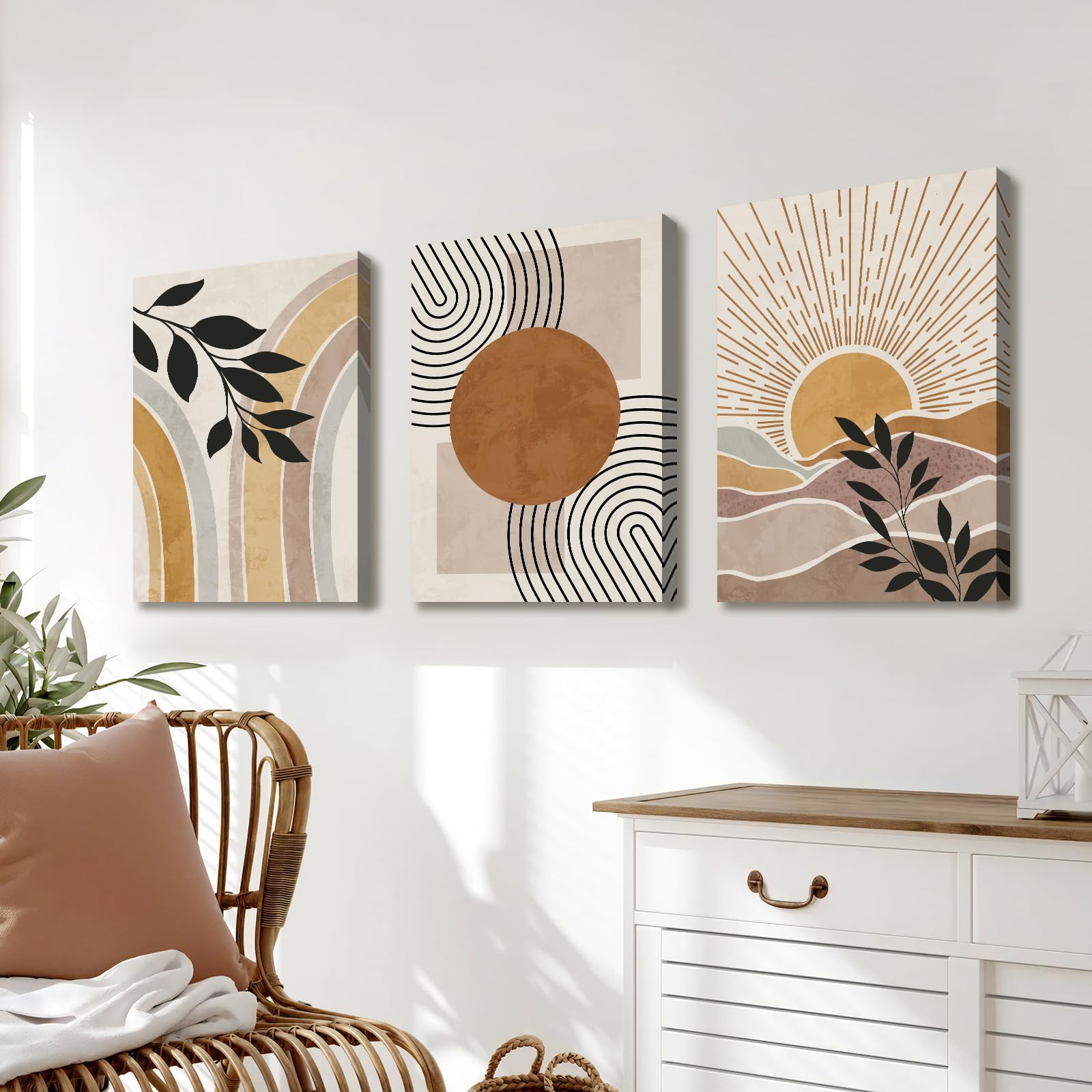 3 Pcs Wooden Framed Canvas Wall Art Canvas Prints Boho Mid Century Modern Painting Bohemian Nature Plants Desert Sun Pictures for Living Room Bedroom Bathroom Hallway Wall Decor 40x60 cm x3pcs - Image 2
