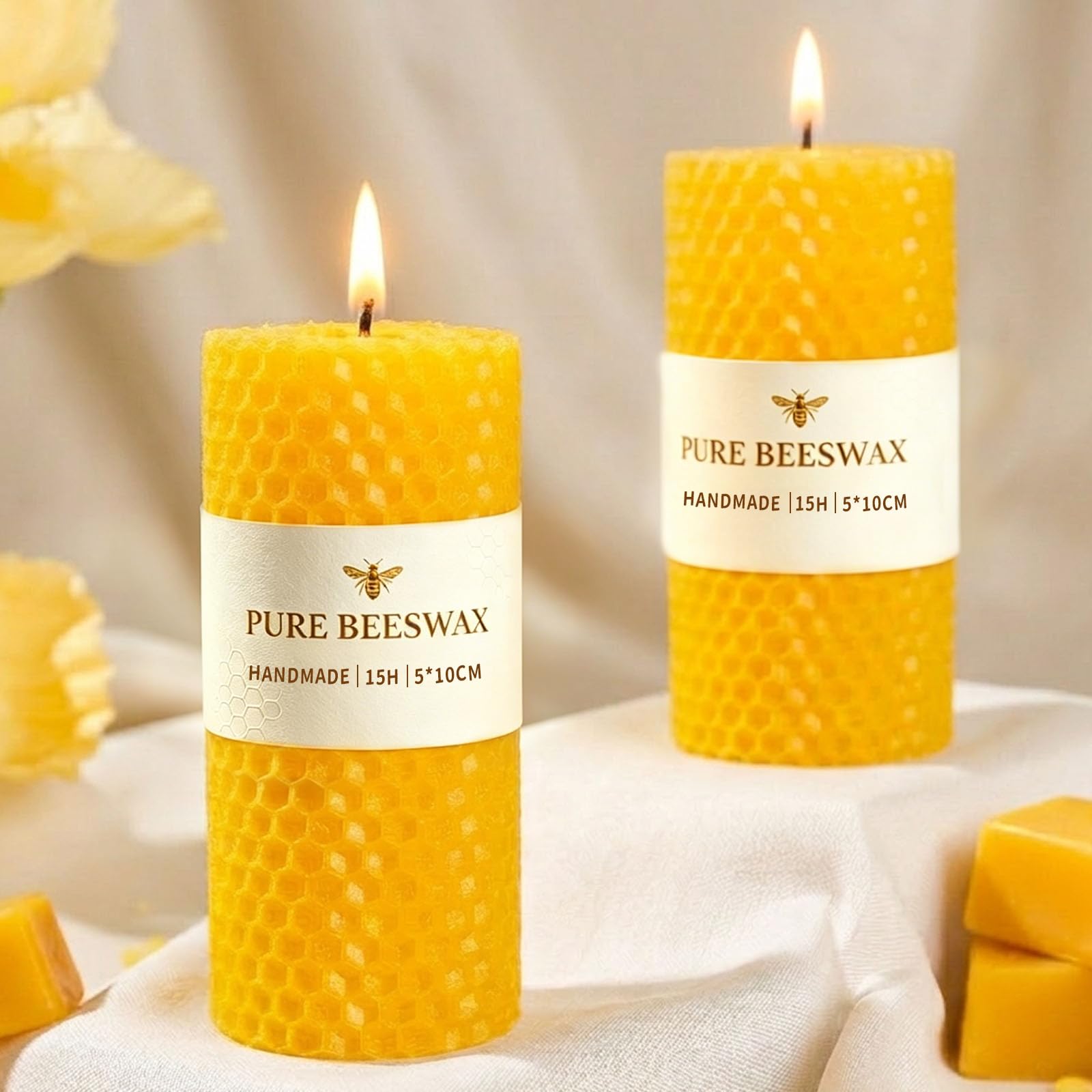2Pcs Beeswax Pillar Candles, Natural Paraffin-Free Handmade Candles, Pure Organic Beeswax, 15 Hour Perfect for Relaxation and Ambiance-4.5cm W x10cm H