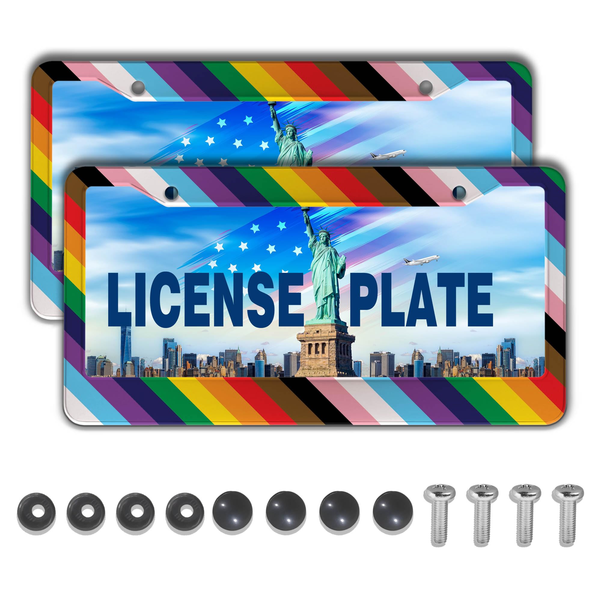 License Plate Frames Rainbow Front License Plate Bracket Rainbow Pride Flag Universal Aluminum Car Accessory 2 Pack with Screw Covers Set