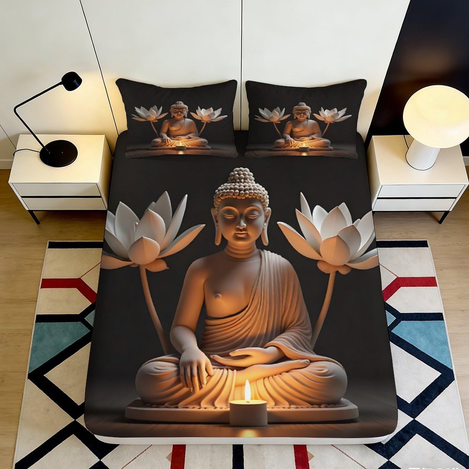 3D Printed Buddha Lotus Fitted Sheet Microfiber Soft Breathable Candlelight Bed Cover for Bedroom Dormitory Guest Room Mattress Protection Decor 90x200x25cm