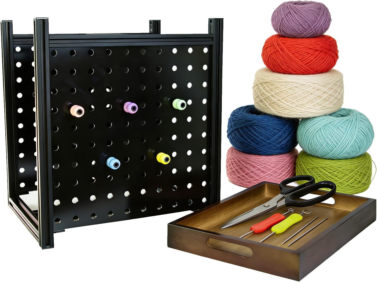 Zoncher Yarn Organizer Rack – Adjustable Yarn Holder & Storage Stand for Knitting, Crochet, Tufting with 6 Guide Loops, 5 Spool Rods, Tool Drawer Sturdy 1.5mm Aluminum Frame (Black)