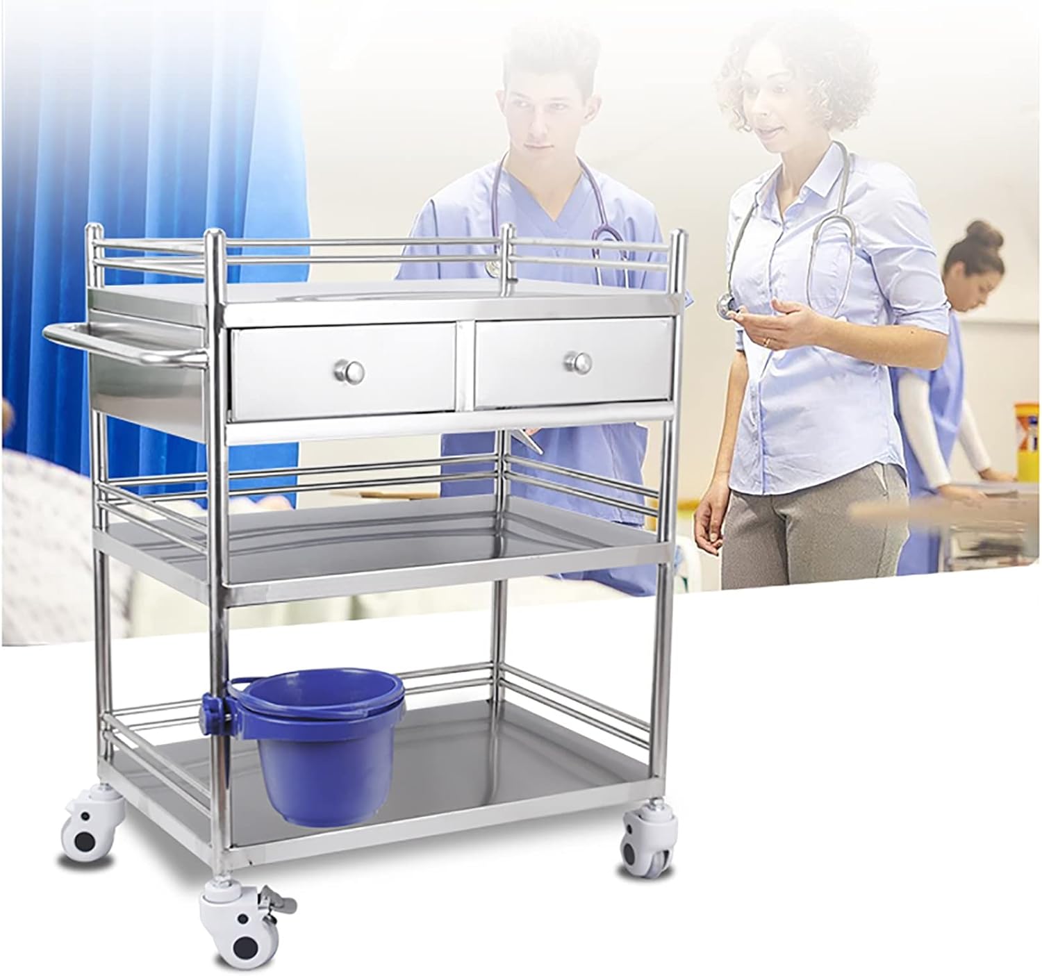 Lab Serving Cart,Lab Cart,Mobile Trolley,Stainless Steel Rolling Cart Two-Story Lab Cart with Two Drawers,with Universal Wheel,for Lab Equipment,Max Load 80kg,66x44x86cm